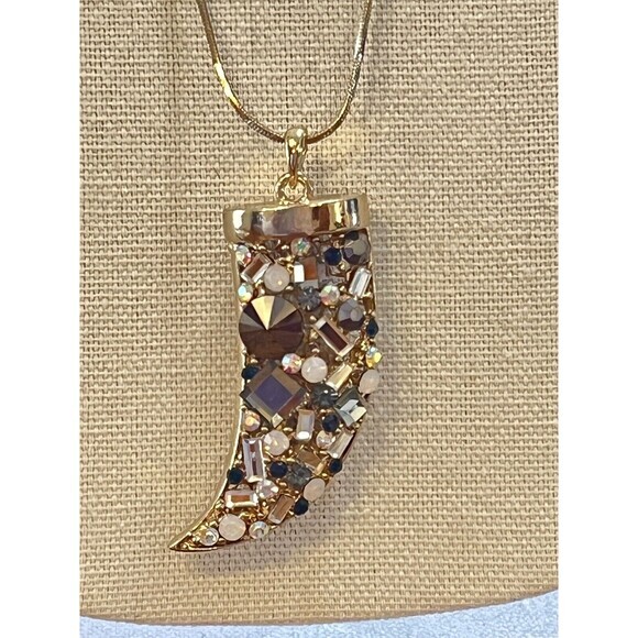 Rhinestone Bejeweled Goldtone Horn Tusk Pendant‎ Necklace 22" - Picture 1 of 5